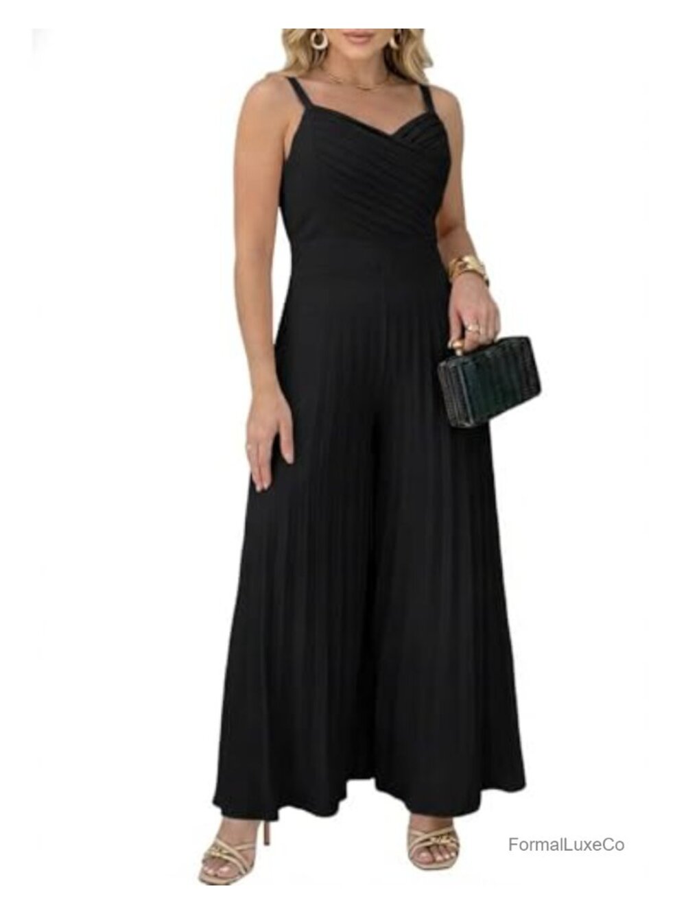 CHICME Pleated Wide Leg Jumpsuit Spaghetti Strap V-Neck Sleeveless Maxi